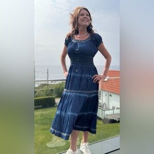 Indigo & Lace Blue and Brown Balloon Sleeves Boho Maxi Dress Women’s Size Large